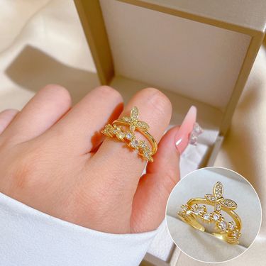 【 Real Gold Plating 】 Open Butterfly Women's Fashion Micro Inlay Light Luxury Finger Ring, Index Finger Ring, Netting_ipsvogv.com