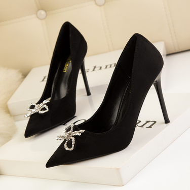 Women's Pumps style fashion high heels women's shoes stiletto high heels shallow mouth pointed toe rhinestone bow suede shoes_voghion.com