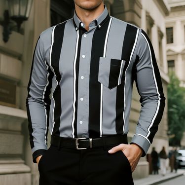 Men’s Slim-Fit Striped Dress Shirt – Breathable Polyester, Wrinkle-Resistant (M-5XL, 7 Colors, Business Casual & Night Out)_voghion.com