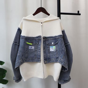 Women's Clothing Hooded zipper stitching denim knitted double sided wool cardigan 2024 autumn and winter new loose casual sweater jacket for women_voghion.com