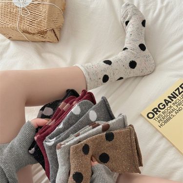 Wool Socks With Polka Dots - Thick Knit Thermal Socks For Winter, Fall & Spring - Breathable, Comfortable & Stylish Mid-Crew Socks For Daily Wear_voghion.com
