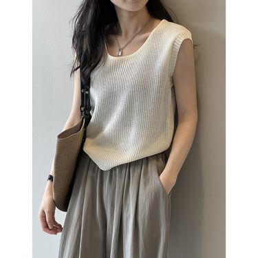 Elegant Knit Sleeveless Top For Women - Breathable Linen Blend, Versatile Casual Wear, Striped & Solid Color_voghion.com