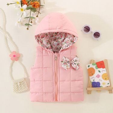 Winter vest 2024 new children's clothing floral elephant hooded zipper solid color plus cotton thick coat_voghion.com