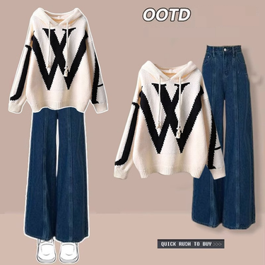 Women's Clothing Autumn and winter stylish and age reducing outfit for women new design knitted hooded top denim wide leg pants two piece suit_voghion.com