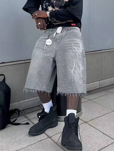 Men's Clothing Retro Washed High Street Denim Shorts For Men And Women Straight Wide Leg Distressed Loose Casual Versatile Cropped Pants_voghion.com