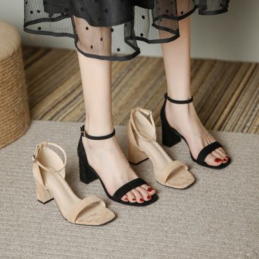High heels women's new summer square head thick with open toe one word buckle hollow hundred match fairy net red nude sandals_vogvips.com
