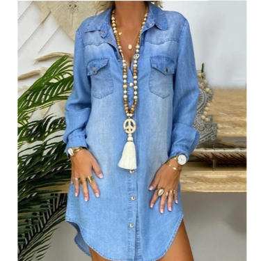 Women's long-sleeved buttoned pocket solid color denim shirt dress_viptrois.com