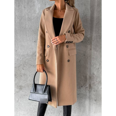 Women's Long Sleeve Double Breasted Wool Blend Trench Coat - Autumn Winter Casual Overcoat With Pockets, Straight Cut, Plus Size Available_voghion.com