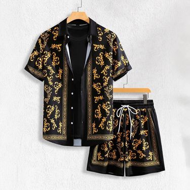 Men's Clothing Hot Selling Summer Shirt Shorts Suit Beach Vacation Gold Luxury Pattern 3D Digital Printing_voghion.com