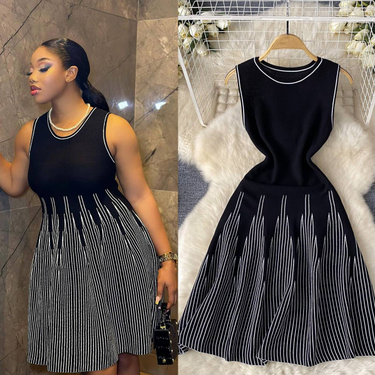 Women's Clothing Simple Sleeveless Round Neck Striped Knitted Dress Female Summer Waist Design Niche Fairy Mid Length Skirt_voghion.com