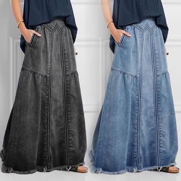Women's clothing style elegant A-line long skirt spring and autumn casual comfortable denim skirt gradient color matching skirt_voghion.com