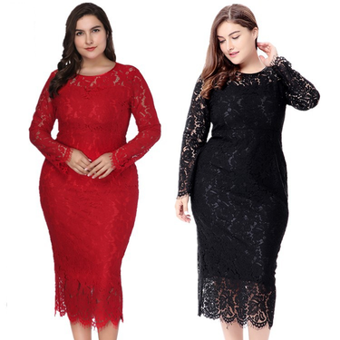 2023 Women's Long Sleeve Lace Slim Fit Plus size Dresses_voghion.com