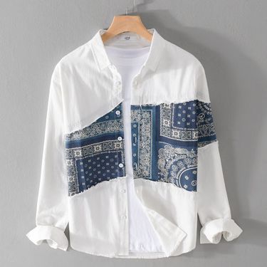 Men's Clothing Spring And Autumn Handsome Casual Splicing Printed Long Sleeve Shirt All Match Fashion Personality Shirt_voghion.com