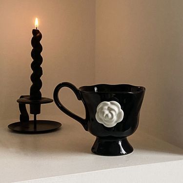 Embossed Ceramic Mug With Camellia Design, Coffee For Home Use, High Footed Cup, Niche Breakfast Cup_voghion.com