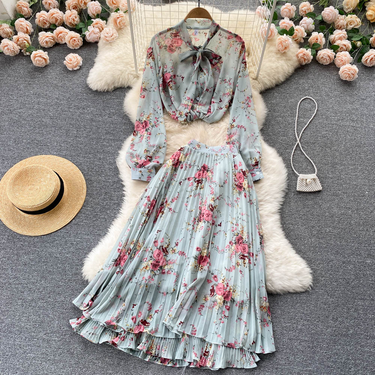 Women's Clothing Bow Top Heavy Pleated Chiffon Skirt Two Piece Set_voghion.com