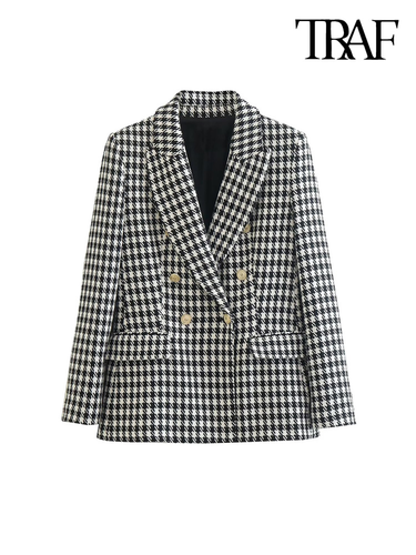 TRAF Women Fashion Double Breasted Houndstooth Blazer Coat Vintage Long Sleeve Flap Pockets Female Outerwear Chic Vestes_voghion.com