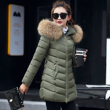 Women's long slim-fitting cotton-padded jacket with large fur collar and down-padded jacket_voghion.com