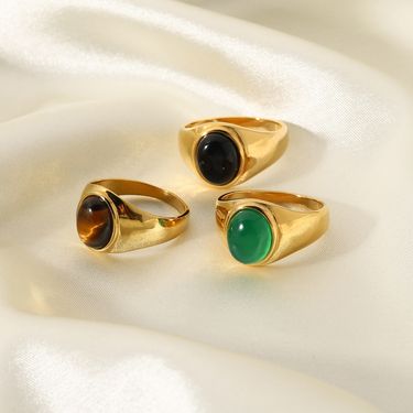 Gold Stainless Oval Tiger Eye Stone Obsidian Jewelry Elegant Titanium Steel Ring_voghion.com
