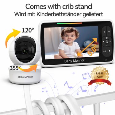 5 Inch Wireless Video Baby Monitor 720P Baby Care Monitor Pan-Tilt-Zoom With Lullabies Auto Night Vision Two Way Intercom Temperature_voghion.com