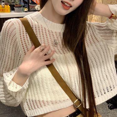 Design sense: Thin hollowed out mesh long sleeved sunscreen knitted sweater women, loose versatile for spring and_voghion.com