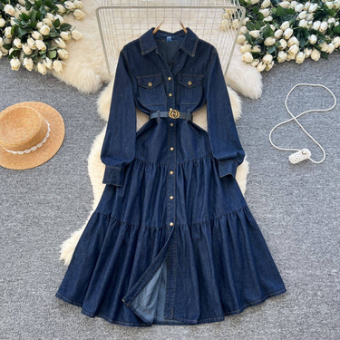 Women’s Clothing High-end Elegant Dress Autumn New Ladies Elegant Lapel Single-breasted Waisted Denim Midi Dress_voghion.com