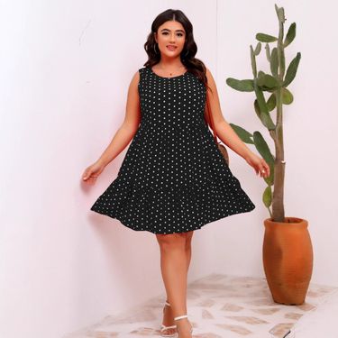 Women's Clothing Round Neck Sleeveless Polka Dot Loose Large Swing Ruffle Dress_voghion.com