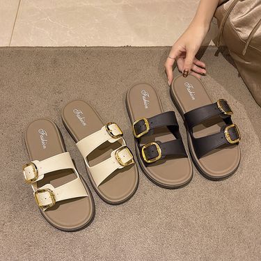 Flat For Women 2025 Summer New Slip-On Lazy Versatile Outdoor Belt Buckle Beach Sandals_voghion.com
