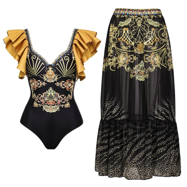 Women's Clothing Ruffled black and gold printed one-piece swimsuit_voghion.com