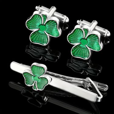 Hot Selling Plant Clover Cufflinks Tie Clip Set High Quality French Fashion Shirt Men's Accessories_voghion.com