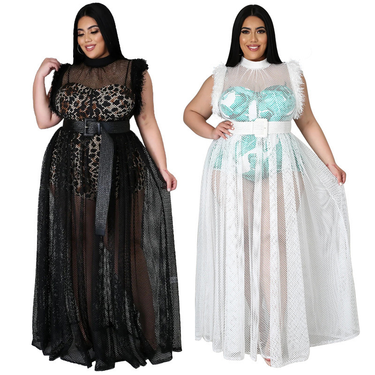Women's temperament see-through sexy mesh long skirt plus size dress two-piece suit_voghion.com