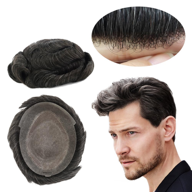 Mono PU Toupee For Men Human Hair Replacement System Durable Base Hair Pieces Natural Hairline Mens Wig 8x10inch Black With 20% Grey Hair Color #1B20_voghion.com