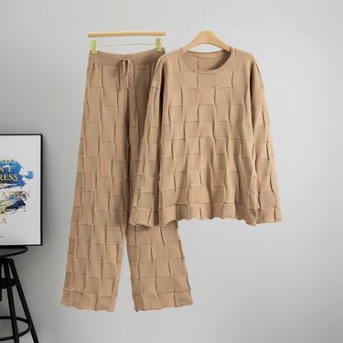 K Square Grid Leisure Knitted Suit For Women, New Loose Plus Size Sweater And Wide-leg Pants Two-piece Set._voghion.com