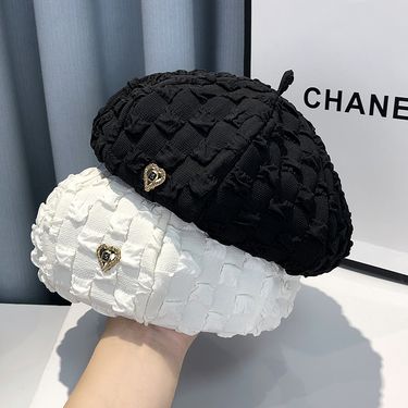 Korean style beret, female spring autumn niche, pleated and concave sculptor, socialite, small fragrant octagonal hat_voghion.com