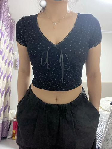 hot selling Korean Kawaii Lace Patchwork Women T-shirt Y2K Aesthetic Vintage Floral Bow Knot V-neck Short Sleeve Crop Top Elastic_voghion.com