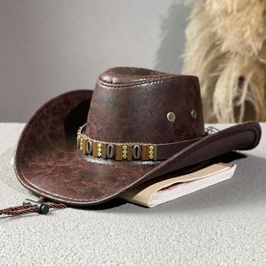 Unisex Bull belt studded jazz hat Men's and women's outdoor outing visor Large brim western cowboy hat_voghion.com