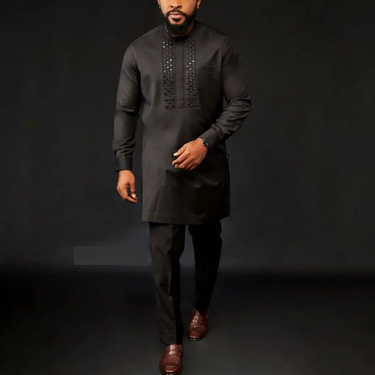 Men' Moslem New Ethnic Style Suit Bricks Shirt And Solid Color Pants 2-Piece Men's Set (In Stock_voghion.com