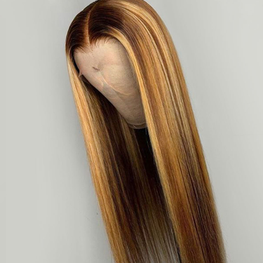 Virgin Brazilian Soft Human Hair 4#/27# Highlight Color Straight Wigs 13"X4" Swiss Lace Front Wigs_voghion.com