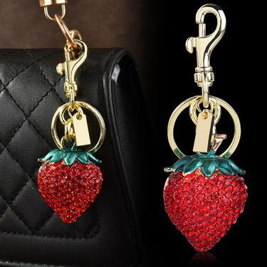 New Diamond Encrusted Strawberry Pendant Metal 3D Fruit Bag Keychain Product_voghion.com