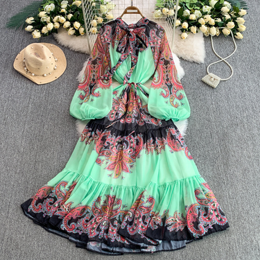 French Retro Print Lace Up Bowknot V Neck Lantern Sleeve Dress For Women High End Waist Ruffled Long Skirt_voghion.com