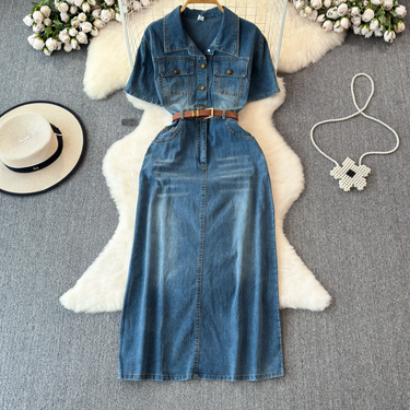 Women's Clothing Denim Dress Women's Summer New Style Temperament Waist Slimming Medium Long Skirt_voghion.com
