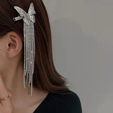 Fashionable Sparkling Diamond Butterfly Tassel Hair Clip, Light Luxury Personalized Metal Style, Side Bangs, Headband_voghion.com