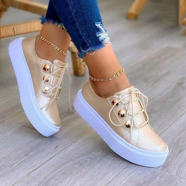 Women's Casual Shoes Leather Lace Up Ladies Sneakers Thick Soled Metal Decoration Breathable Female Flat Shoes XF0116_voghion.com