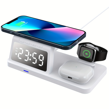 Desktop three-in-one mobile phone wireless charger super fast charging 15W wireless charging clock alarm clock LCD display_voghion.com