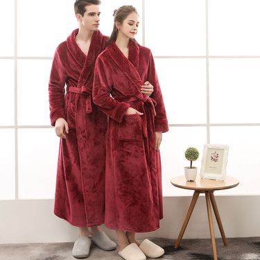 Autumn and Winter Large Size Flannel Couple's Nightgown Men's and Women's Bei Bei Velvet Stitching Thickened Extended Bathrobe Bathrobe_voghion.com