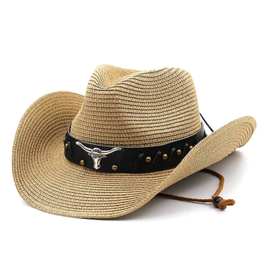 New Cow Head Belt Straw Hat Tibetan Western Cowboy Top Hat Foldable Ethnic Style Straw Hat_voghion.com
