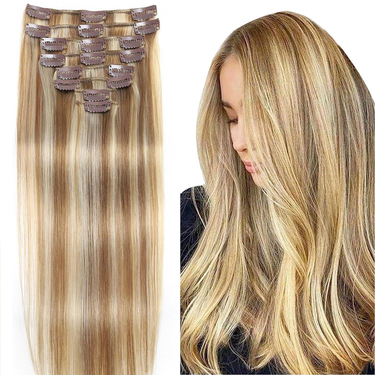 Clip In Hair Extensions Real Human Hair 18 Inch Light Ash Blonde/Bleach Blonde Clip In Double Weft 100% Real Human Hair Extensions 8 PCS 100g_voghion.com