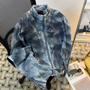 Distressed Denim Jacket Men's Vintage Washed Coat - Oversized Streetwear With Shoulder Pads & Belt - Grunge Aesthetic For Casual Outfits (Blue)_voghion.com