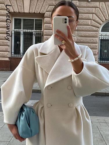 2023 Spring Women Elegant Woolen Blend Coat Fashion Thicken Lapel Double-Breasted Long Jackets Office Lady Cashmere_voghion.com