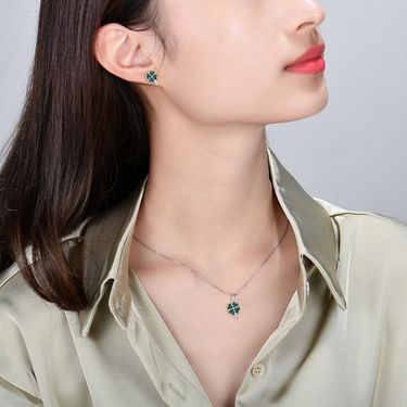 S925 Sterling Silver Zircon Clover Lucky Grass Stud Earrings Pendant Necklace Women's Jewelry Suit Silver Jewelry_voghion.com