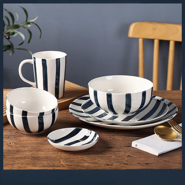 Premium Underglaze Stripe Ceramic Dinnerware Set 16 Piece Porcelain Tableware For Daily Use Includes Bowls Plates Dishes Dishwasher Microwave Safe_voghion.com
